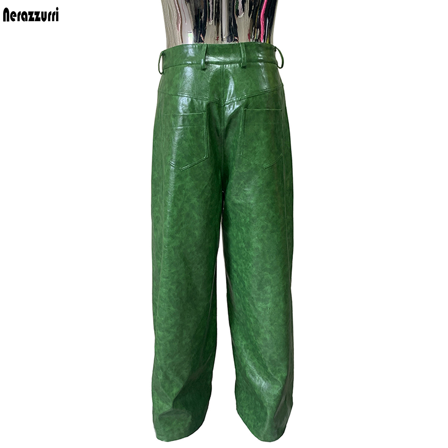 Leather Work Pants - Nerazzurri Осенние водонепроницаемые свободные длинные блестящие